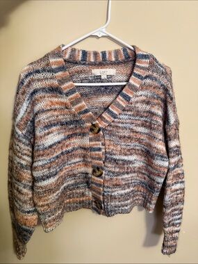 LOFT Striped V-Neck Button Cardigan - Rust, Gray & Cream